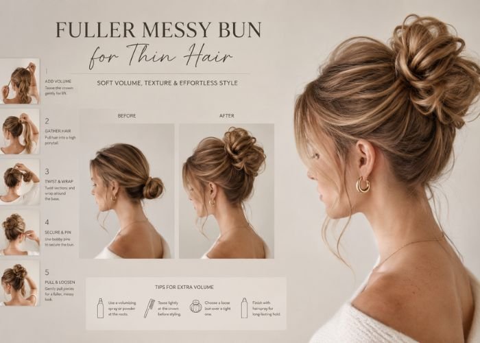 Voluminous messy bun hairstyle for fine or thin hair