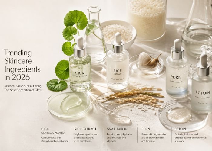 Step-by-step Korean skincare routine for beginners showing cleanser, toner, serum, moisturizer, and sunscreen in 2026