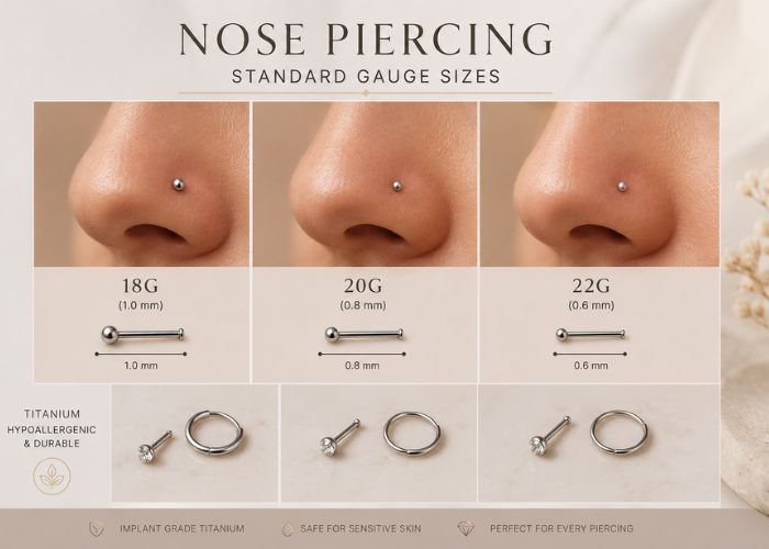 Woman with a nose piercing showing common nose ring size