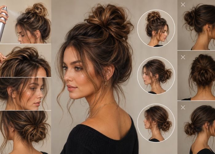 Key elements that make a messy bun hairstyle look stylish and balanced