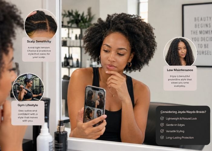 Woman wearing long Jayda Wayda braids with curly ends and sleek parts, trendy protective hairstyle close-up view