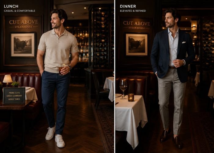 A split-scene image showing casual lunch attire on one side and elevated smart casual dinner attire on the other inside an upscale steakhouse