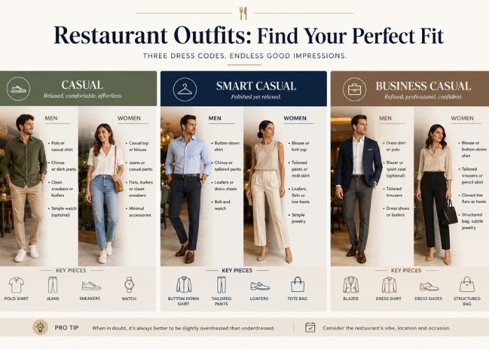A clean infographic comparing casual, smart casual, and business casual restaurant outfits for men and women, premium design, modern typography