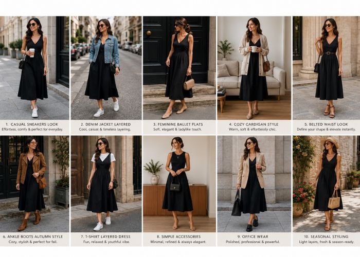 Woman styling an A-line midi dress in multiple everyday outfit ideas including sneakers, jacket, flats, and office wear looks
