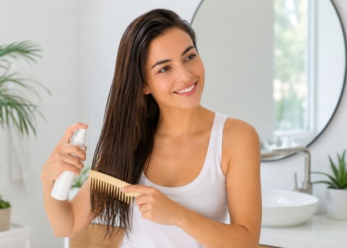 Woman following a hair care routine to help prevent frizzy hair.