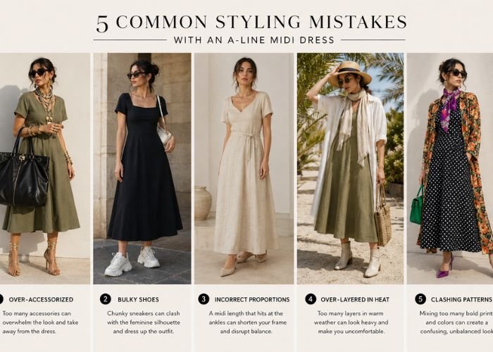 Common styling mistakes with A-line midi dress including over-accessorizing, bulky shoes, and incorrect outfit proportions