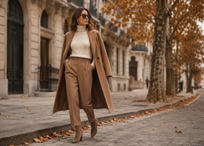 Camel monochrome outfit with layered fall textures