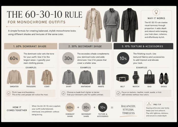 60-30-10 rule for monochrome outfit styling