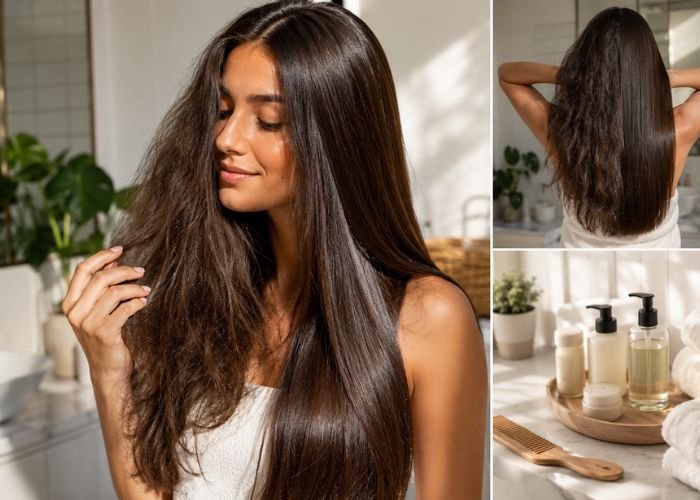 Woman showing before and after results of fixing frizzy hair naturally.