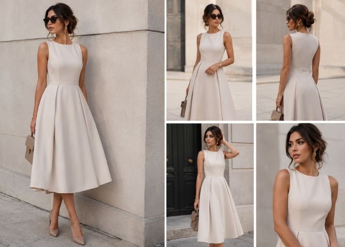 woman wearing stylish A-line midi dress outdoor fashion look