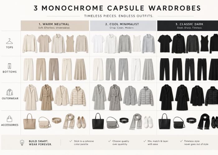 Monochrome capsule wardrobe essentials by color palette