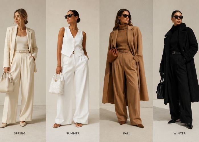 Four monochrome outfit ideas for spring, summer, fall, and winter