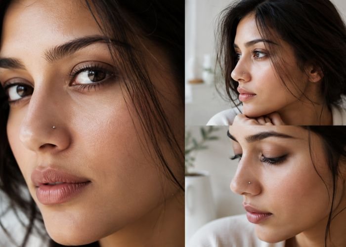 Woman with a fresh nose piercing showing the early stage of healing.