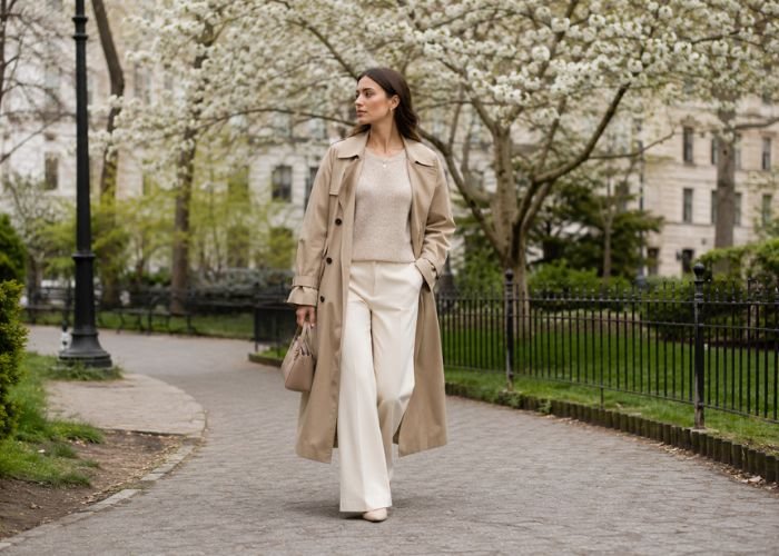 Spring monochrome outfit with cream and beige layers