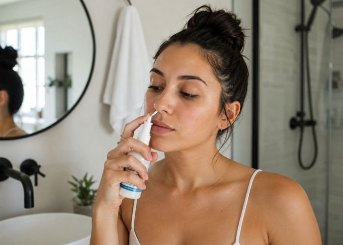 Person cleaning a nose piercing using sterile saline spray.