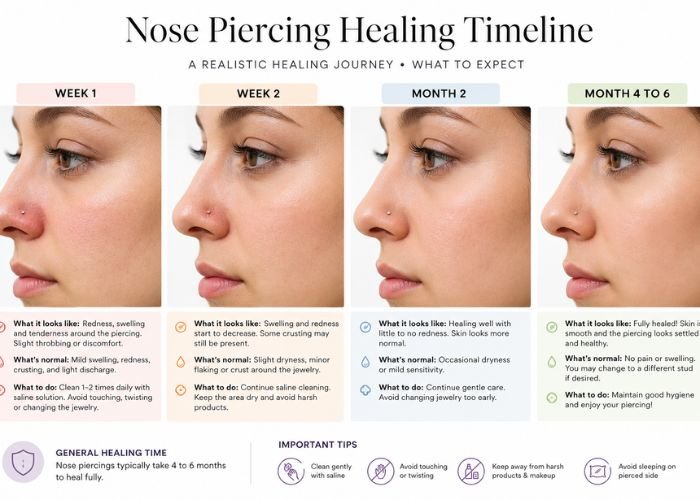 Nose piercing healing timeline from week one to full recovery.