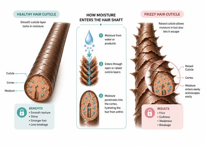 Healthy hair cuticle compared with a raised frizzy hair cuticle.