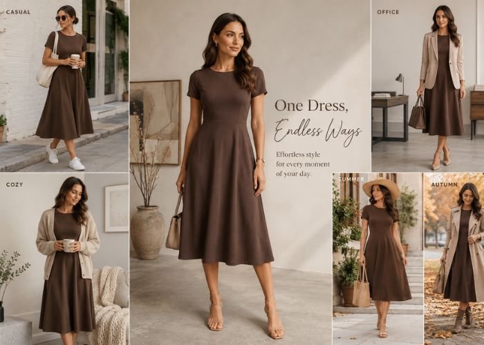 A-line midi dress styled as a wardrobe essential showing flattering silhouette and versatile everyday fashion look