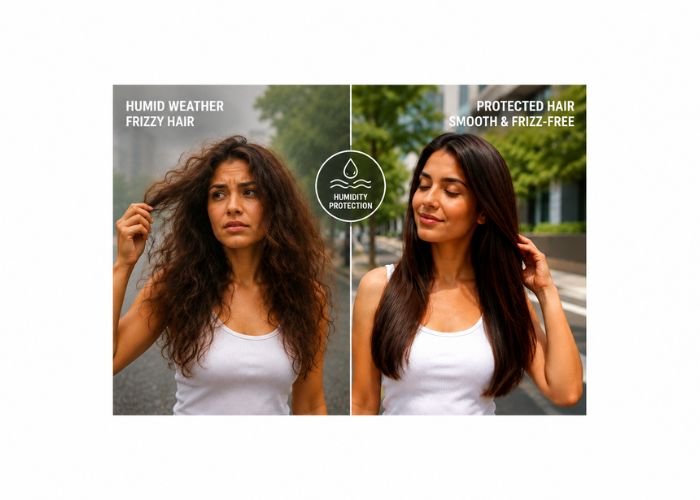 Humidity causing frizzy hair outdoors.