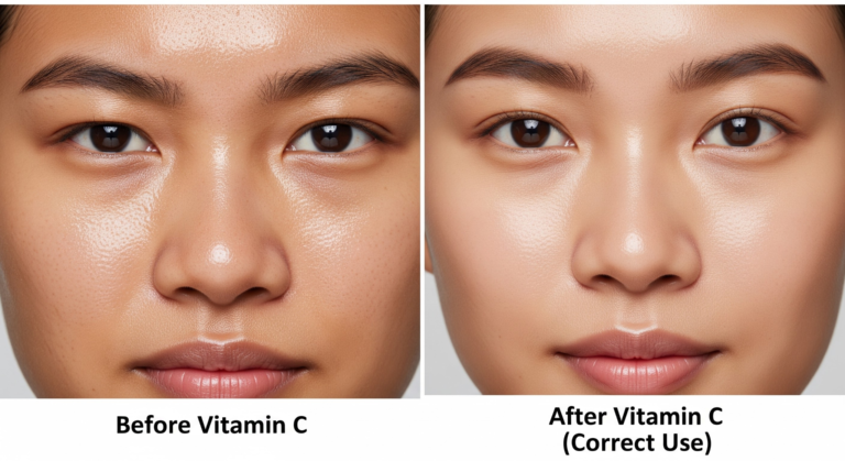 Before and after comparison showing improved skin tone and brightness after proper Vitamin C serum use
