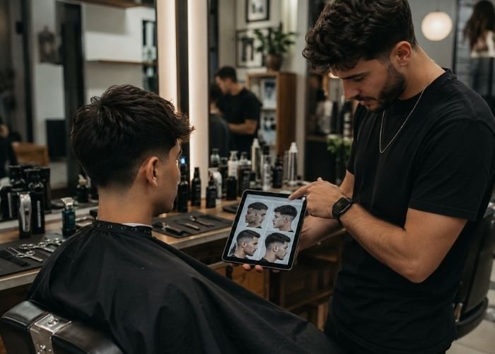 Professional barber explaining a low taper fade haircut for straight hair before cutting