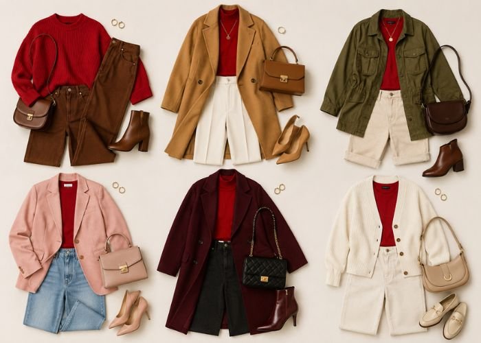 Fashion outfits showing red paired with brown, camel, green, pink, burgundy, and cream