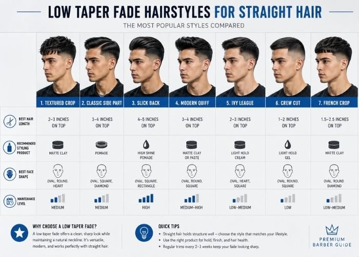 Comparison chart of low taper fade straight hair styles including textured crop, side part, slick back, quiff, Ivy League, crew cut, and French crop