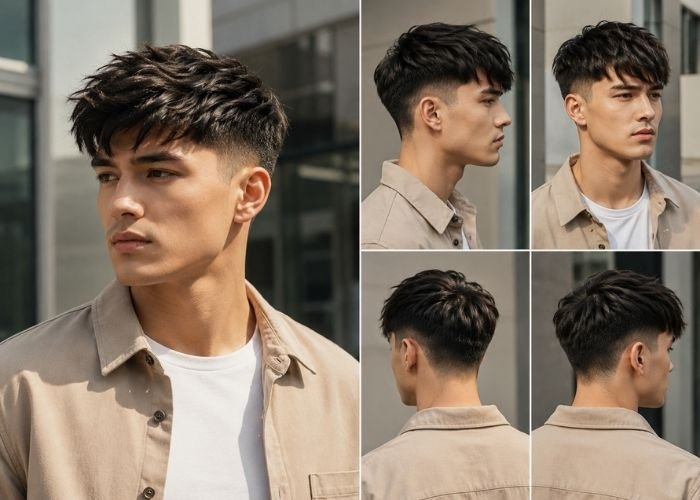 Low taper fade straight hair with textured top hairstyle for men
