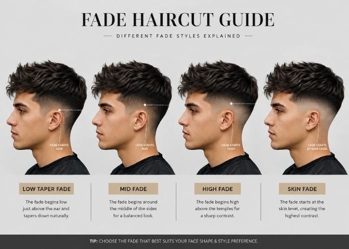 Comparison of low taper fade, mid fade, high fade, and skin fade hairstyles on straight hair