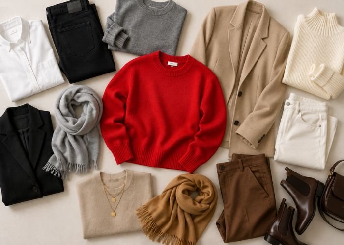 Red sweater paired with neutral colors including white, black, gray, beige, cream, camel, and brown