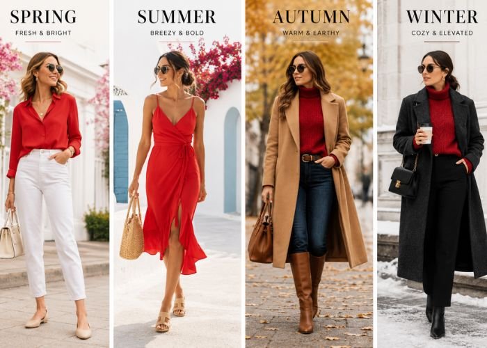 Seasonal red outfit ideas for spring, summer, autumn, and winter