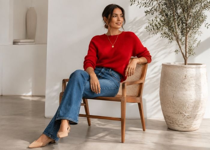 Woman styling a red sweater with neutral accessories