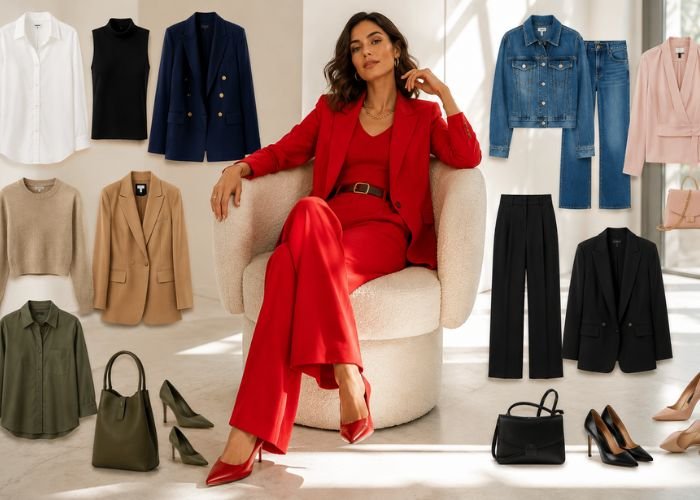 Woman wearing a stylish red outfit with matching color combinations