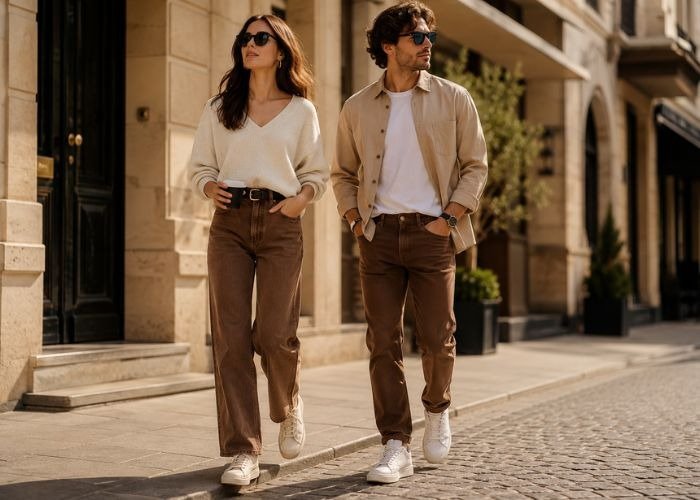 Beginner styling guide for brown jeans with neutral outfit