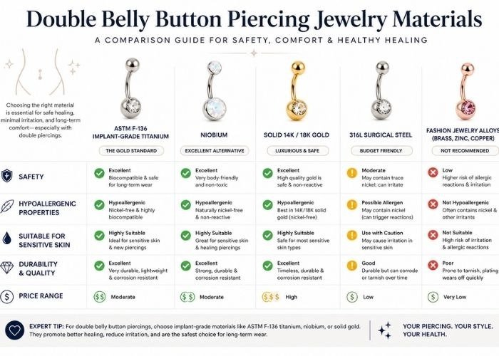 Comparison of safe jewelry materials for double belly button piercings including titanium, gold, niobium, and surgical steel