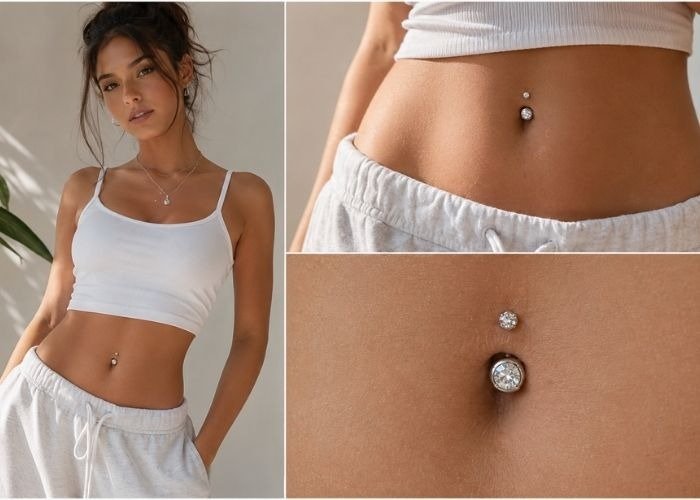 Double belly button piercing with stylish jewelry showing proper placement and healing care