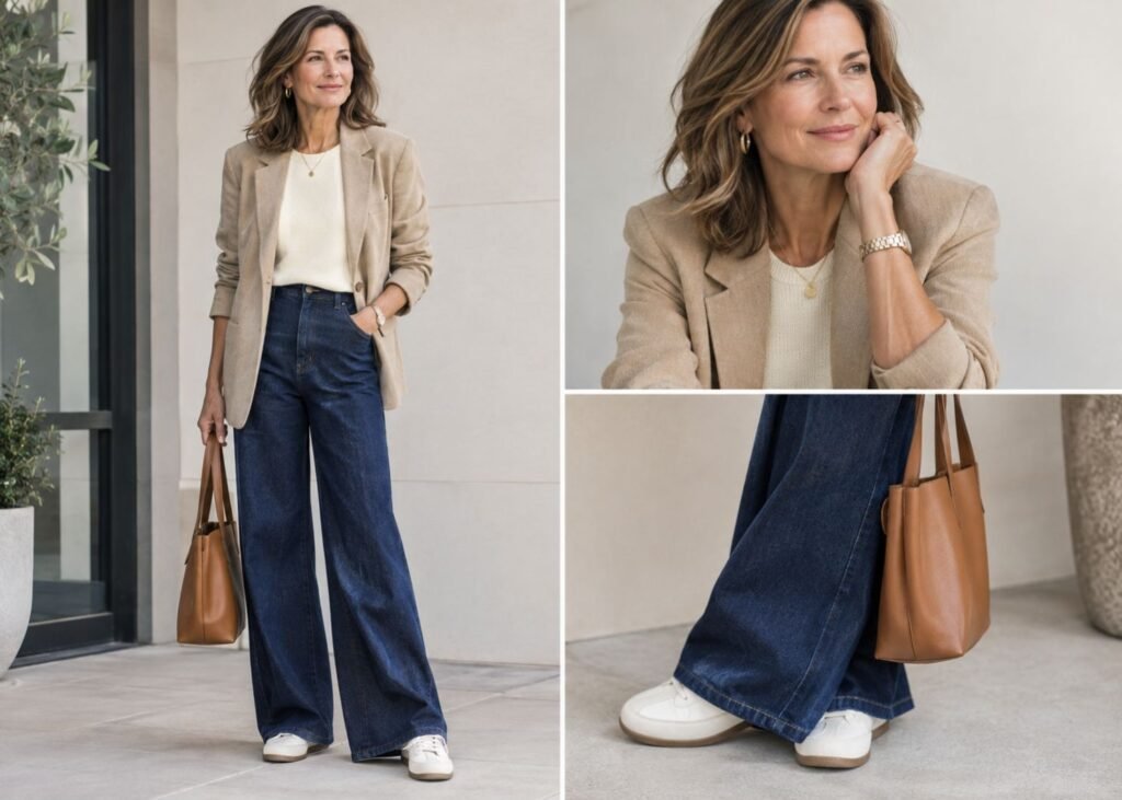 Woman over 50 wearing a modern 2026 fashion outfit