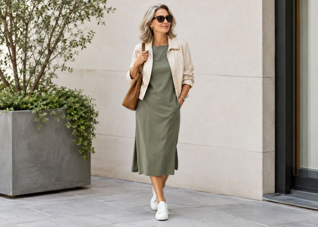 Woman over 50 wearing sneakers with a casual midi dress