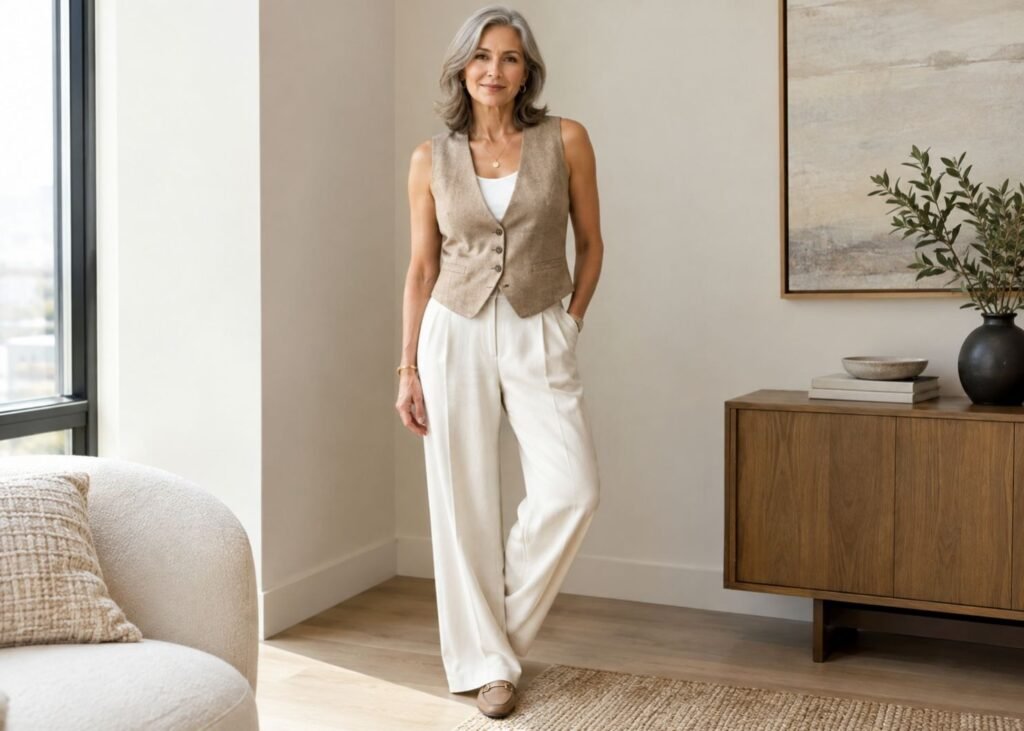 Woman over 50 wearing a tailored waistcoat with wide-leg trousers