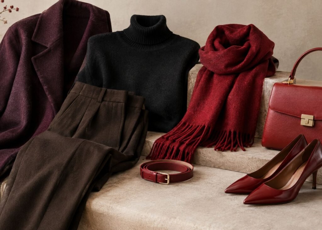 Fall/Winter 2026–2027 fashion color palette with crimson red, plum and espresso tones