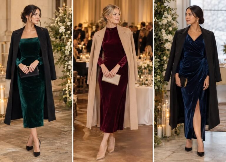 Stylish winter wedding guest outfit with velvet dress and wool coat
