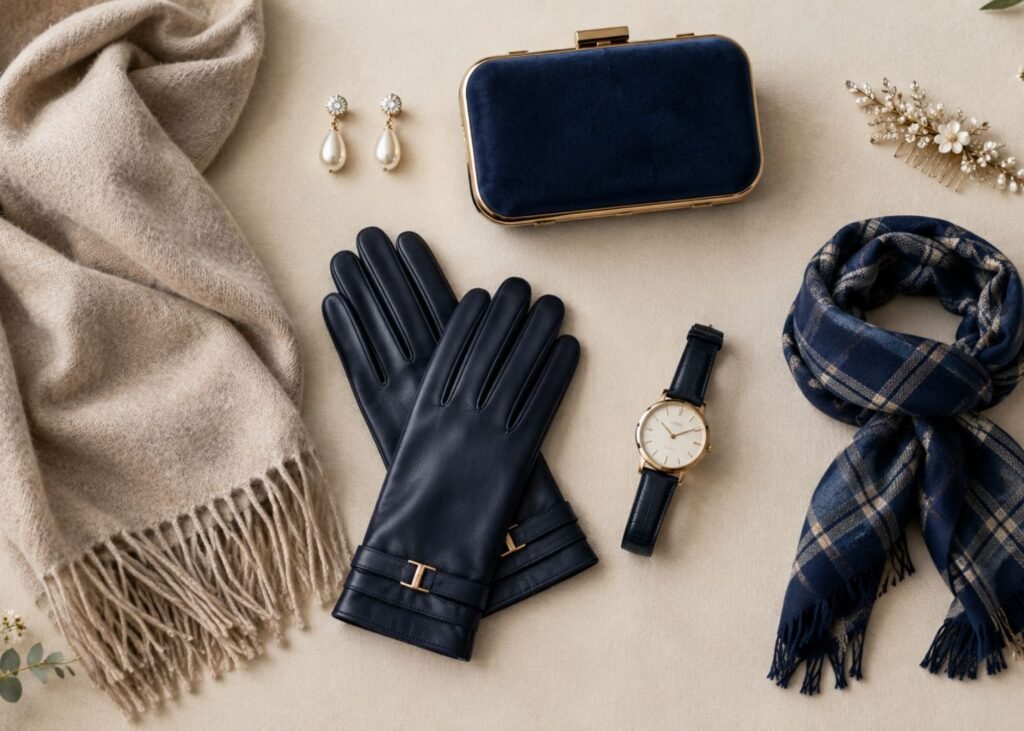 Winter wedding guest accessories including clutch shawl and gloves