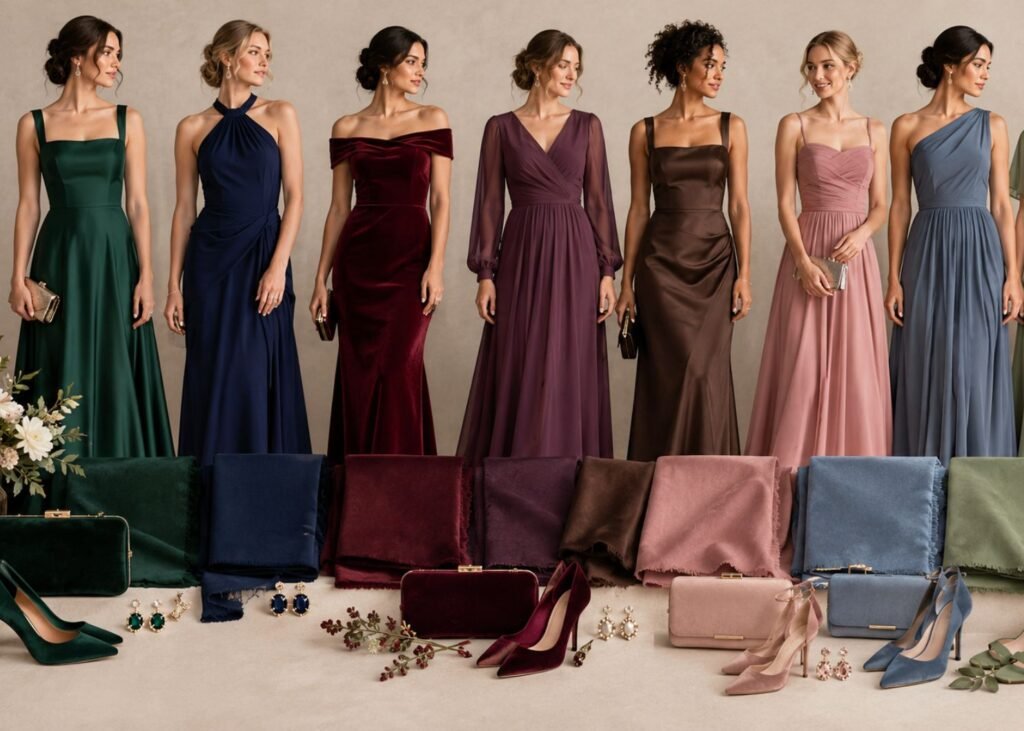 Winter wedding guest color ideas in jewel tones and soft neutrals