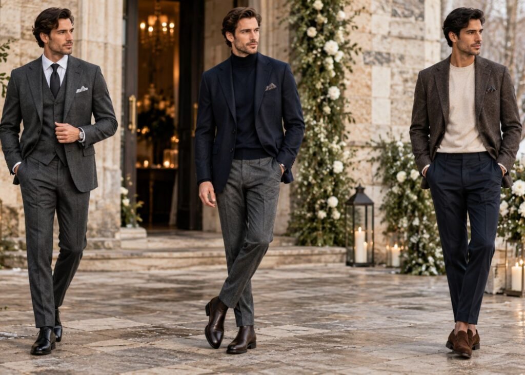 Men's winter wedding guest outfits with suits blazers and tailored trousers