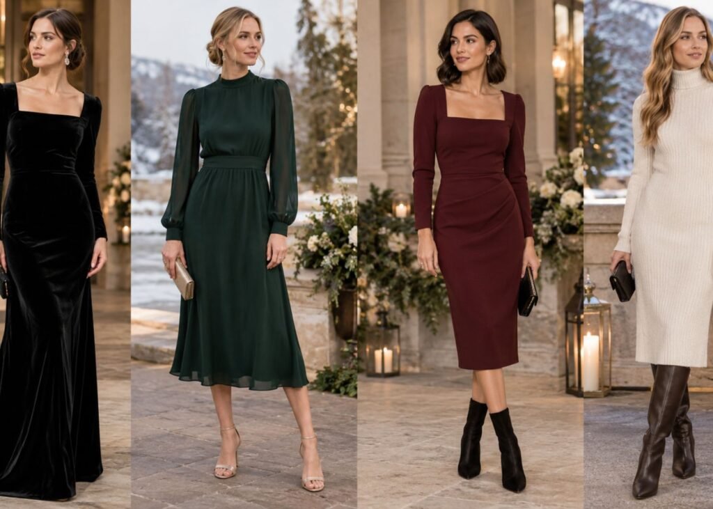 Winter wedding guest outfits for formal semi-formal cocktail and casual dress codes