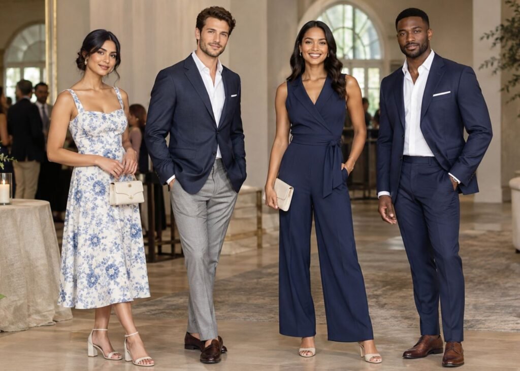 Semi-formal outfits for women and men at an elegant event